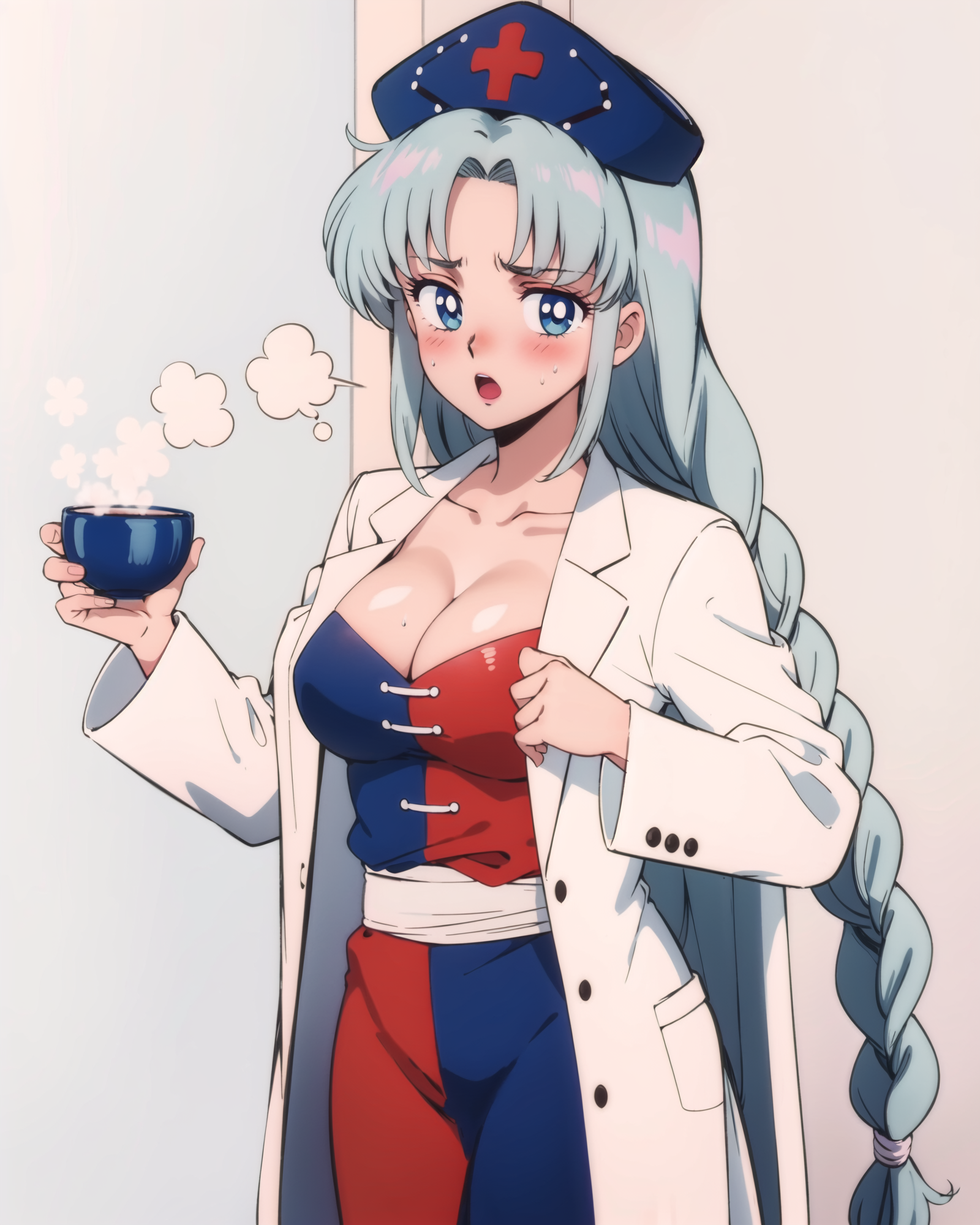 00744-2156128941-,1girl, bangs, blue_dress, blue_eyes, blue_headwear, blush, braid, breasts, cleavage, collarbone, cowboy_shot, cup, eyebrows_vis.png